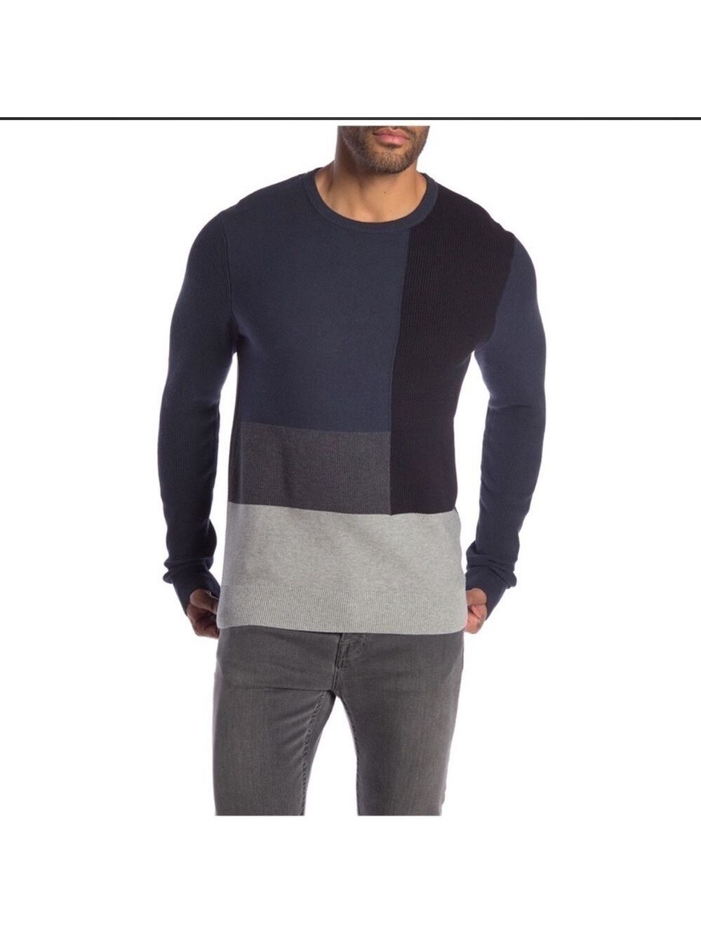 NEW-14TH & Union Crew Neck, Color Block,  Ribbed, Long Sleeves, Gray Sweater XL